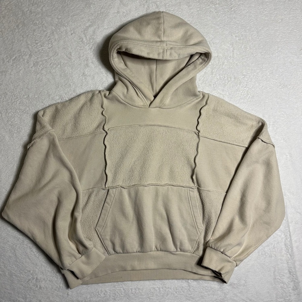 Aerie Oversized Patchwork Fleece Hoodie XS Beige Sherpa Pullover Streetwear